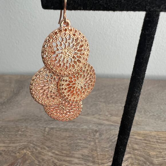 Rose gold tone laser cut medallion dangle drop earrings - Picture 3 of 4